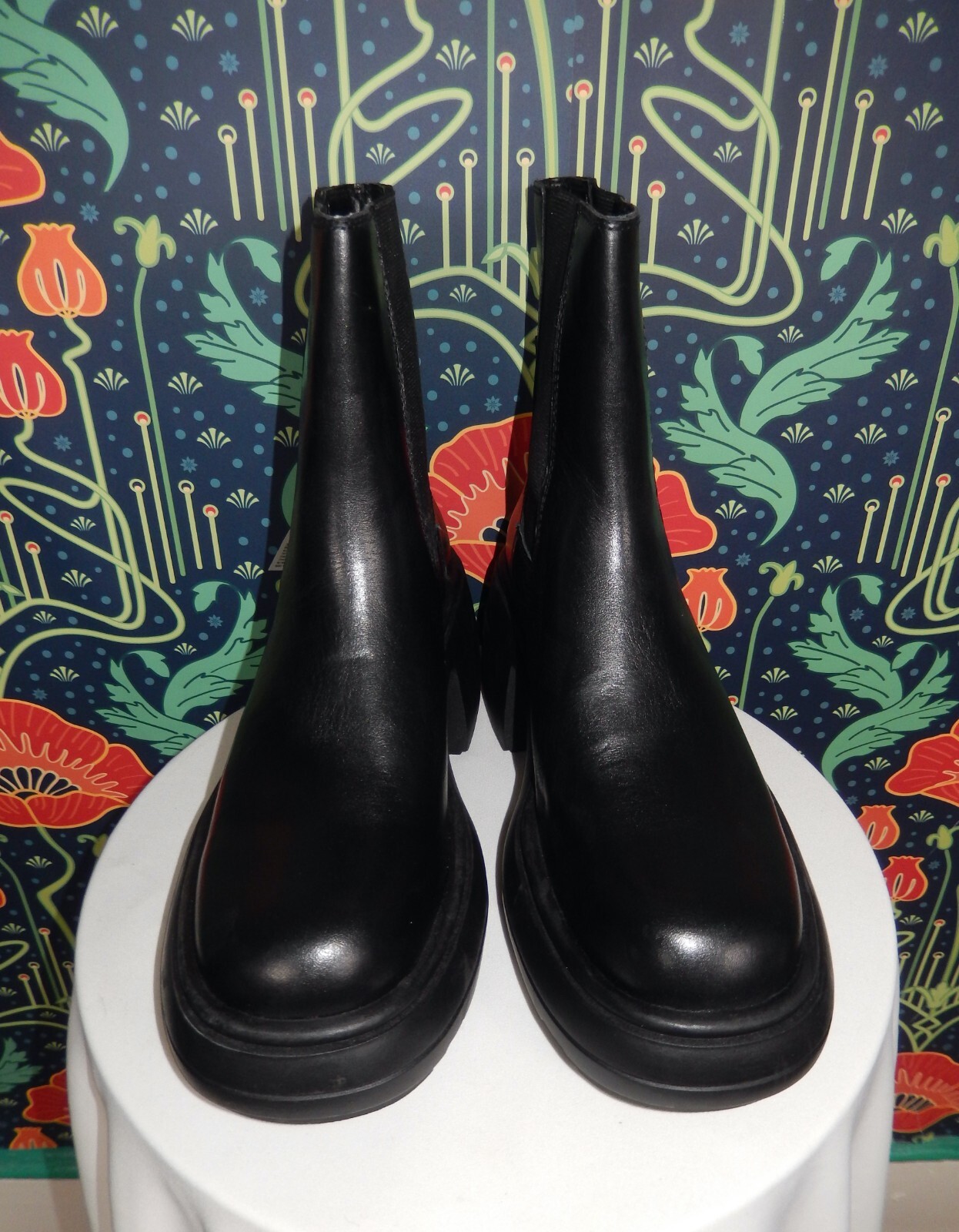 Zara Black Leather Boots Chunky Heel Elastic Gore Platform Square Toe 39