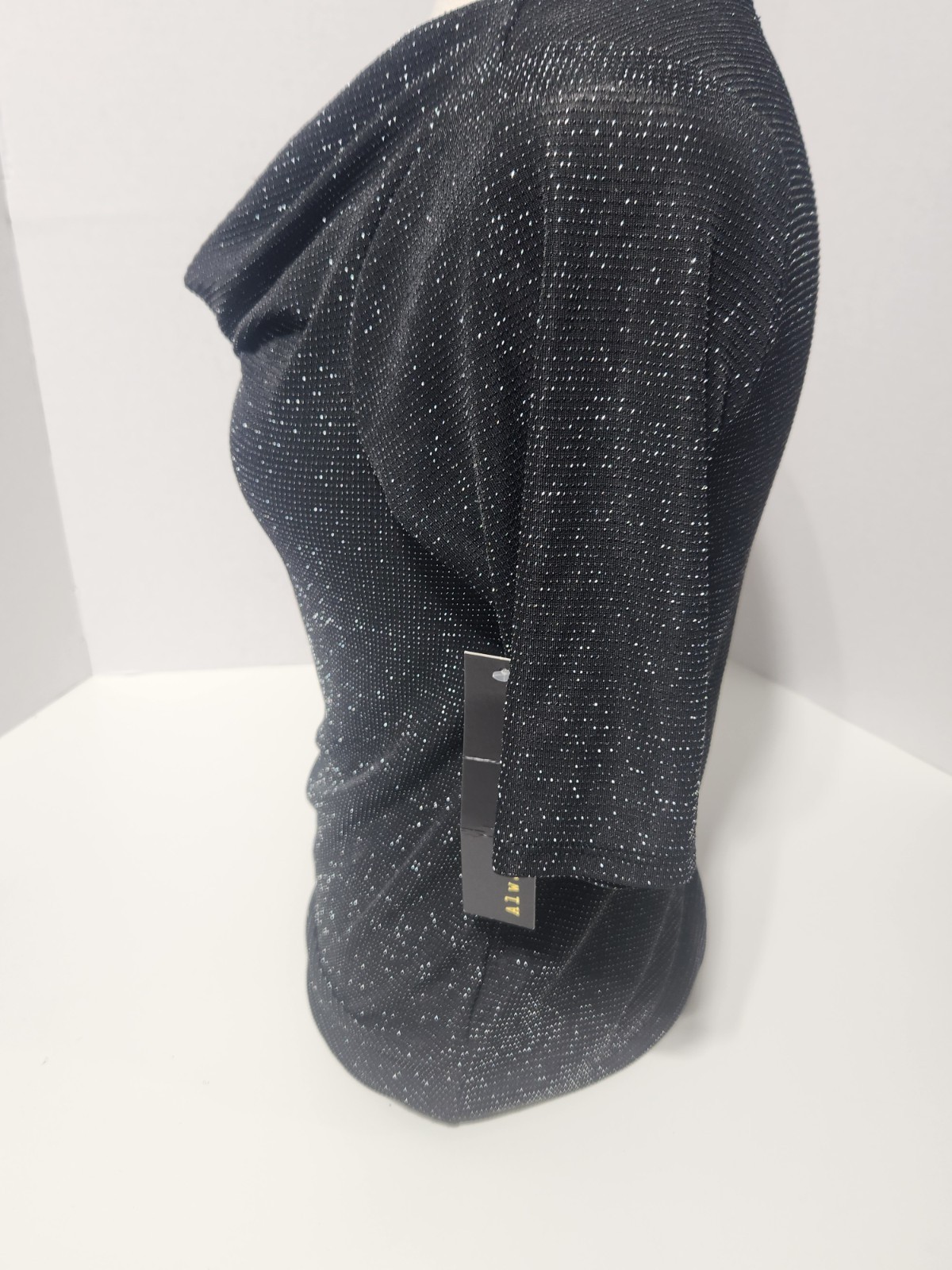 Always Indigo Black Silver Glitter Jersey Cowl Neck Short Sleeve Blouse Top M
