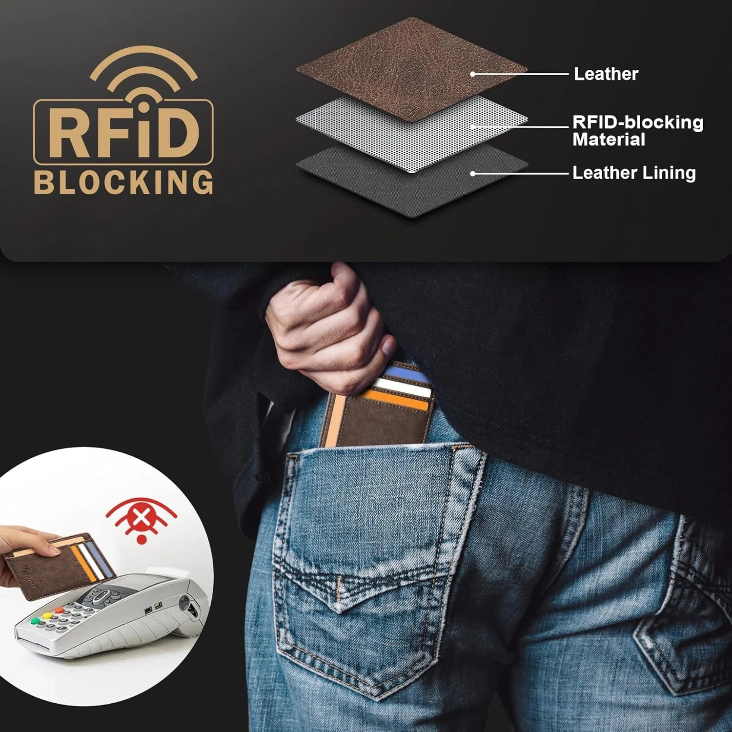 Men’s Slim Minimalist Leather Wallet RFID Blocking Front Pocket Card Holder