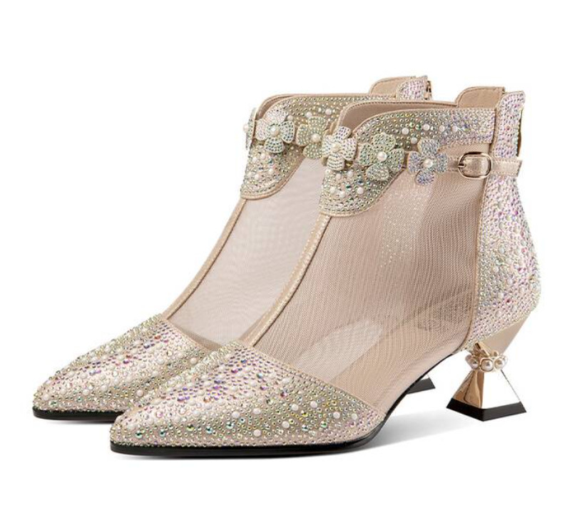 Pearls Women’s Poined Toe Mesh Rhinestone Real Leather Sandals Kitten Heels Sexy