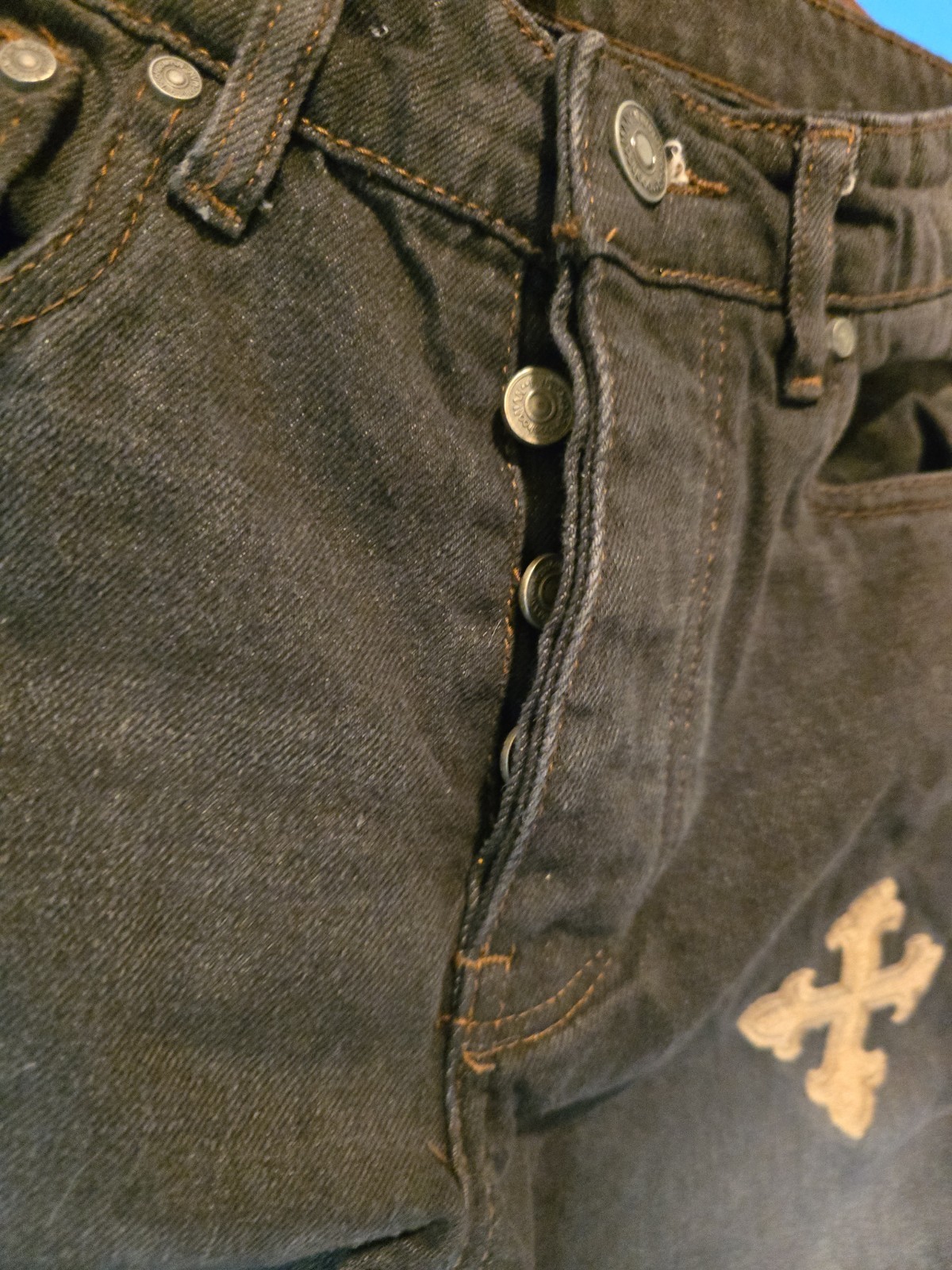 boohooMAN MAN Men’s Black Embroidered Cross Jeans Size 32P Button Fly Streetwear