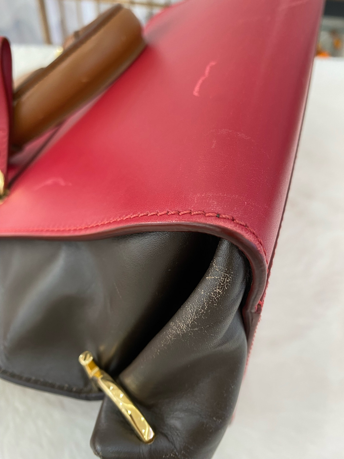 Authentic Salvatore Ferragamo Sofia Smooth Leather Top Handle Bag Brown, Red,