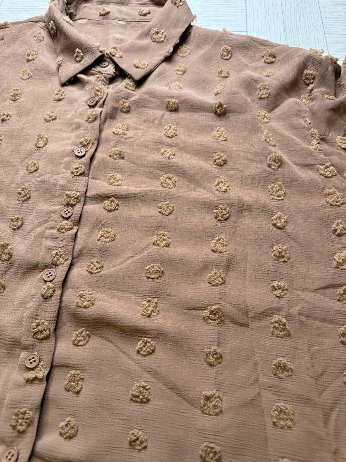 Brown Semi Sheer Swiss Dot Long Sleeve Button Up Boho Poly Collared Blouse Sz XL