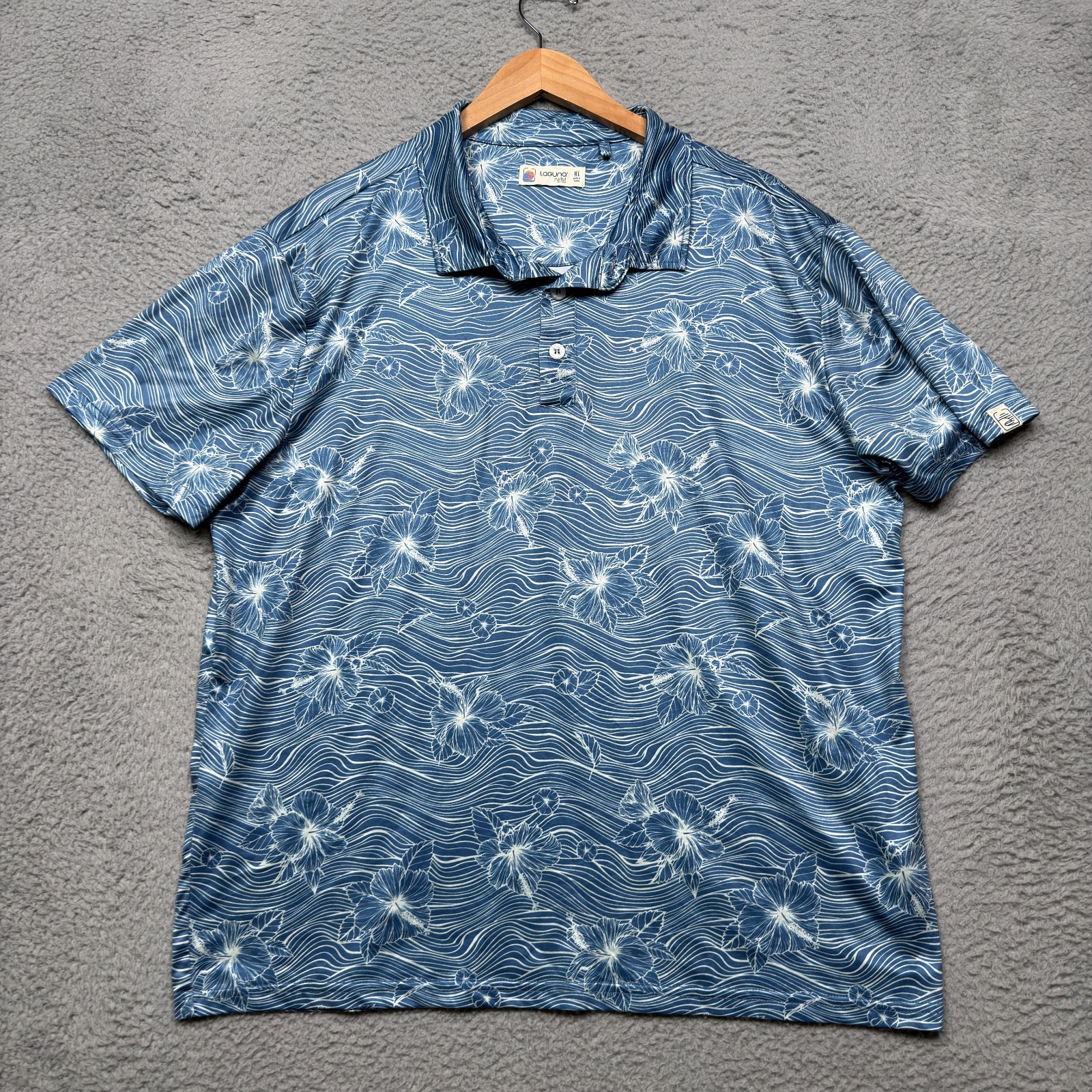 Laguna Swim Polo Shirt Men XL Blue Floral Tropical Hibiscus Stretch Short Sleeve