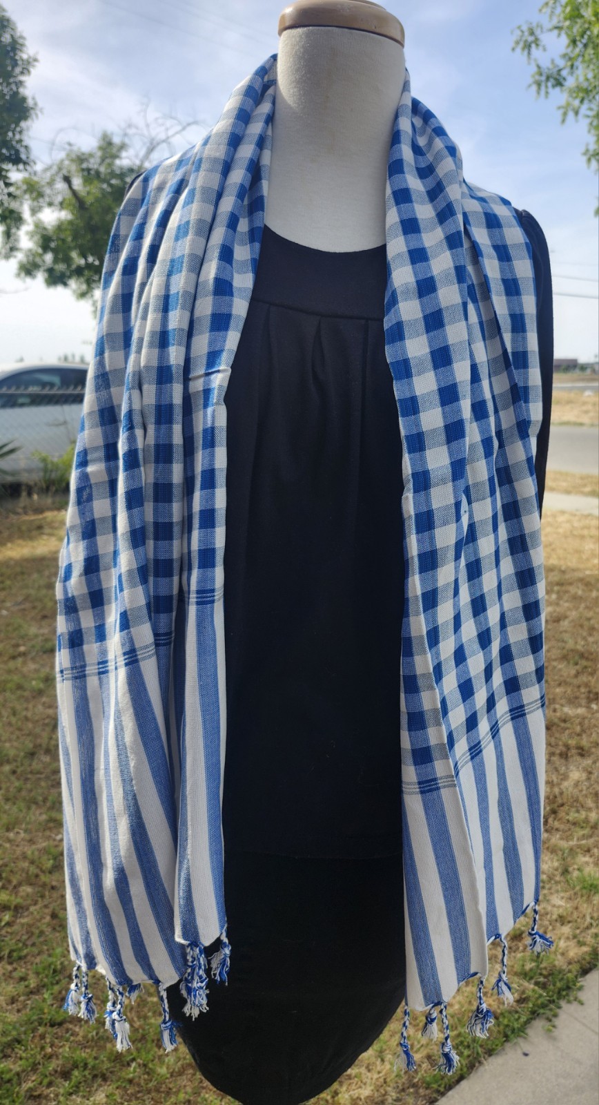 Krama 100% Cotton Handmade Khmer Ocean Blue/White Scarf 64 x 25 Inches