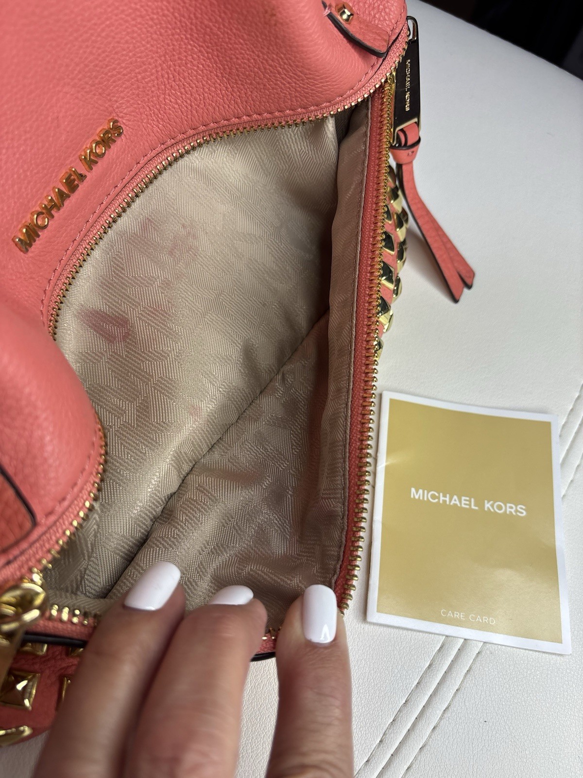 Michael Kors Women’s Medium Backpack Purse In Peach Soft Leather With Gold Studs