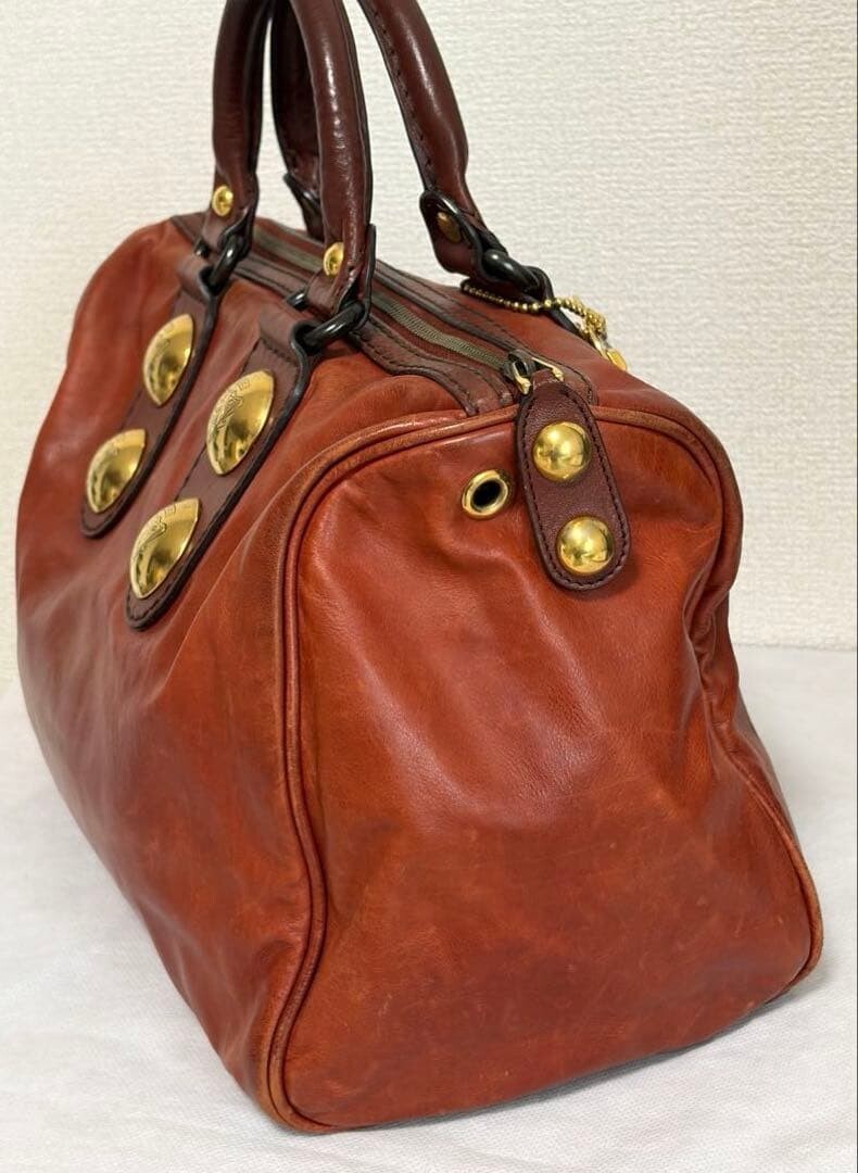 GUCCI Red Leather Boston Bag Vintage Studded Heart Charm Womens Handbag 71