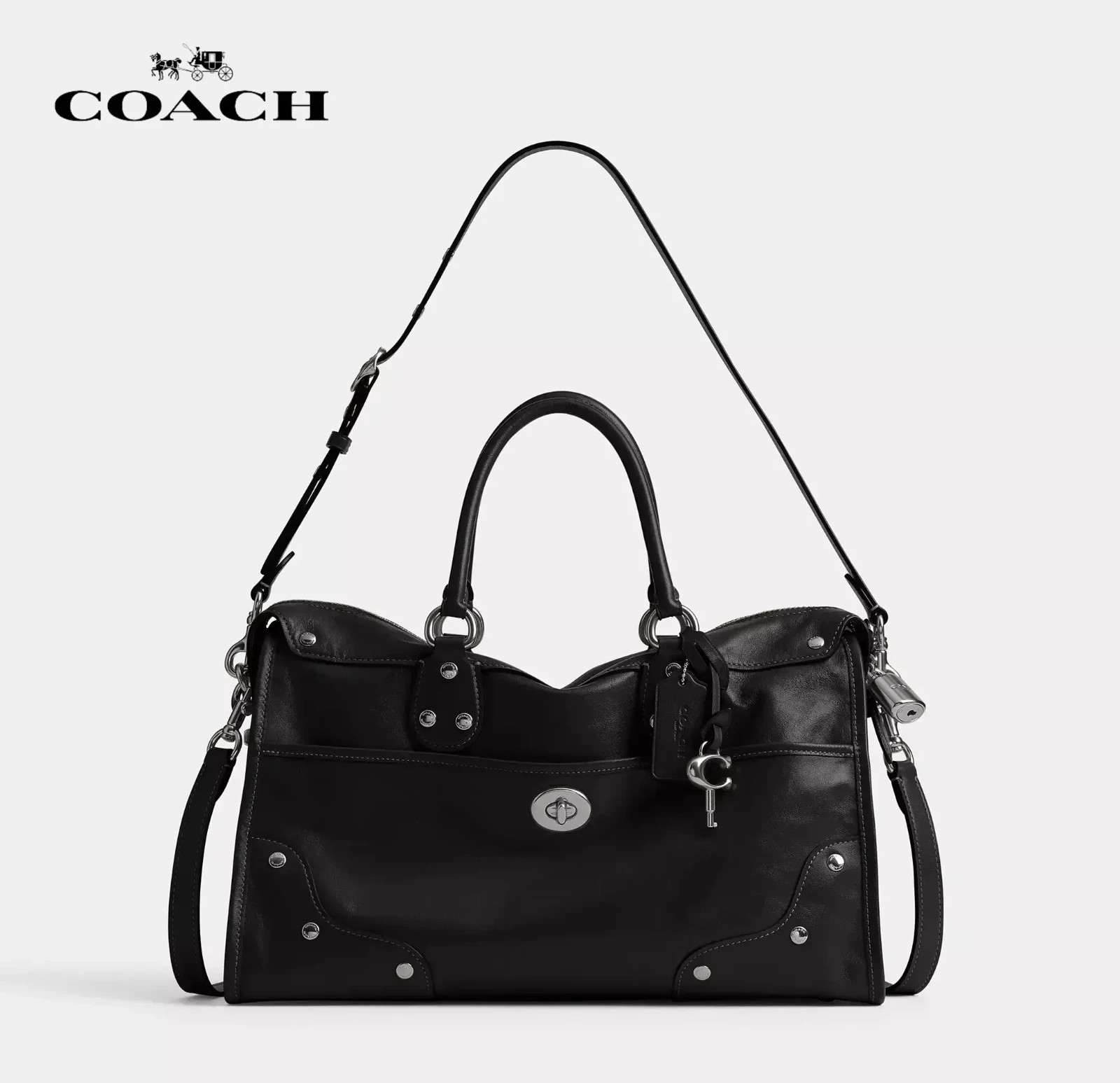 COACH Rhyder Satchel Bag 38 CFN67 LHBLK Black Glazed Leather 3way Shoulder Bag