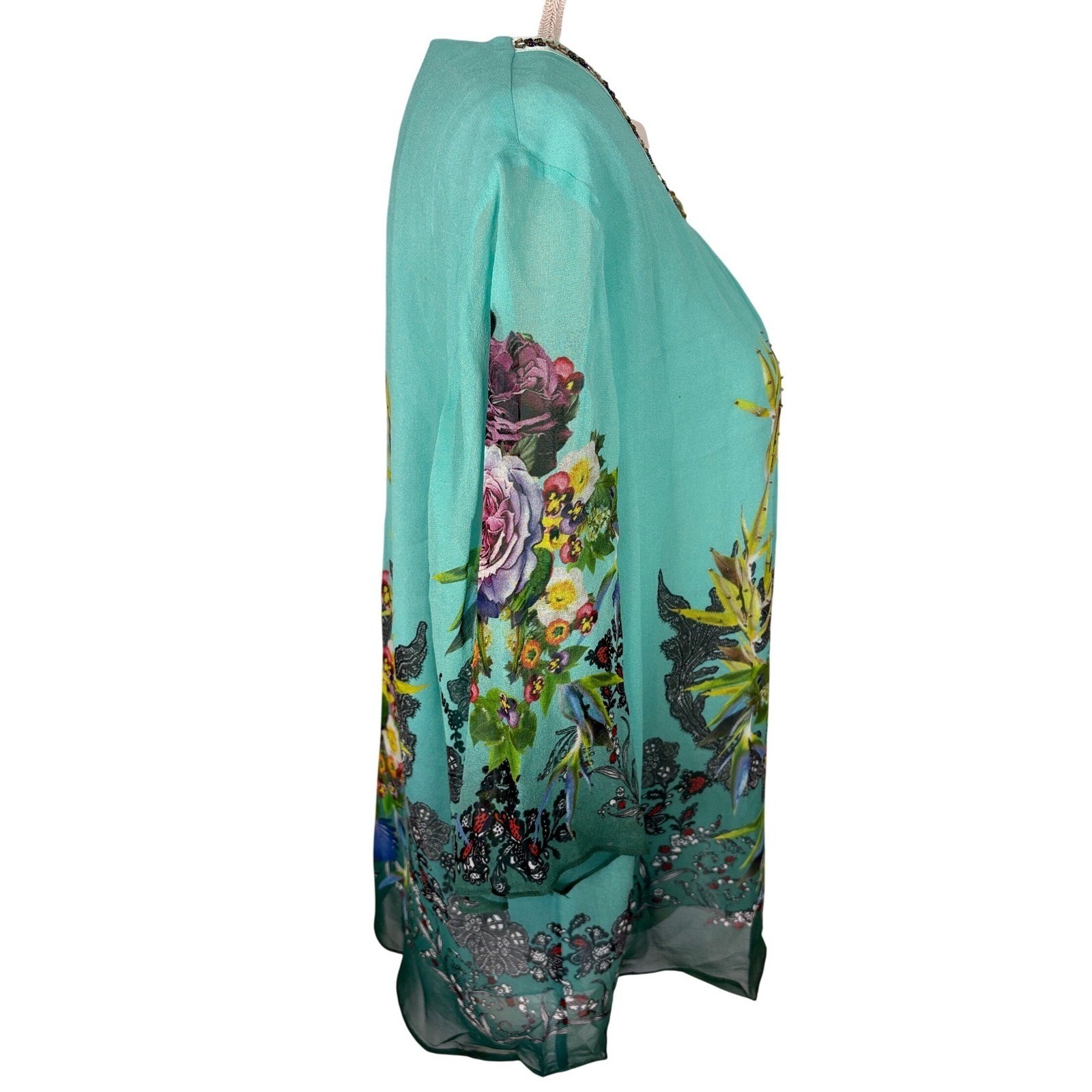 LESELE 100% Mulberry Silk Floral Beaded Blouse XL Green Boho Rose Bird Tunic