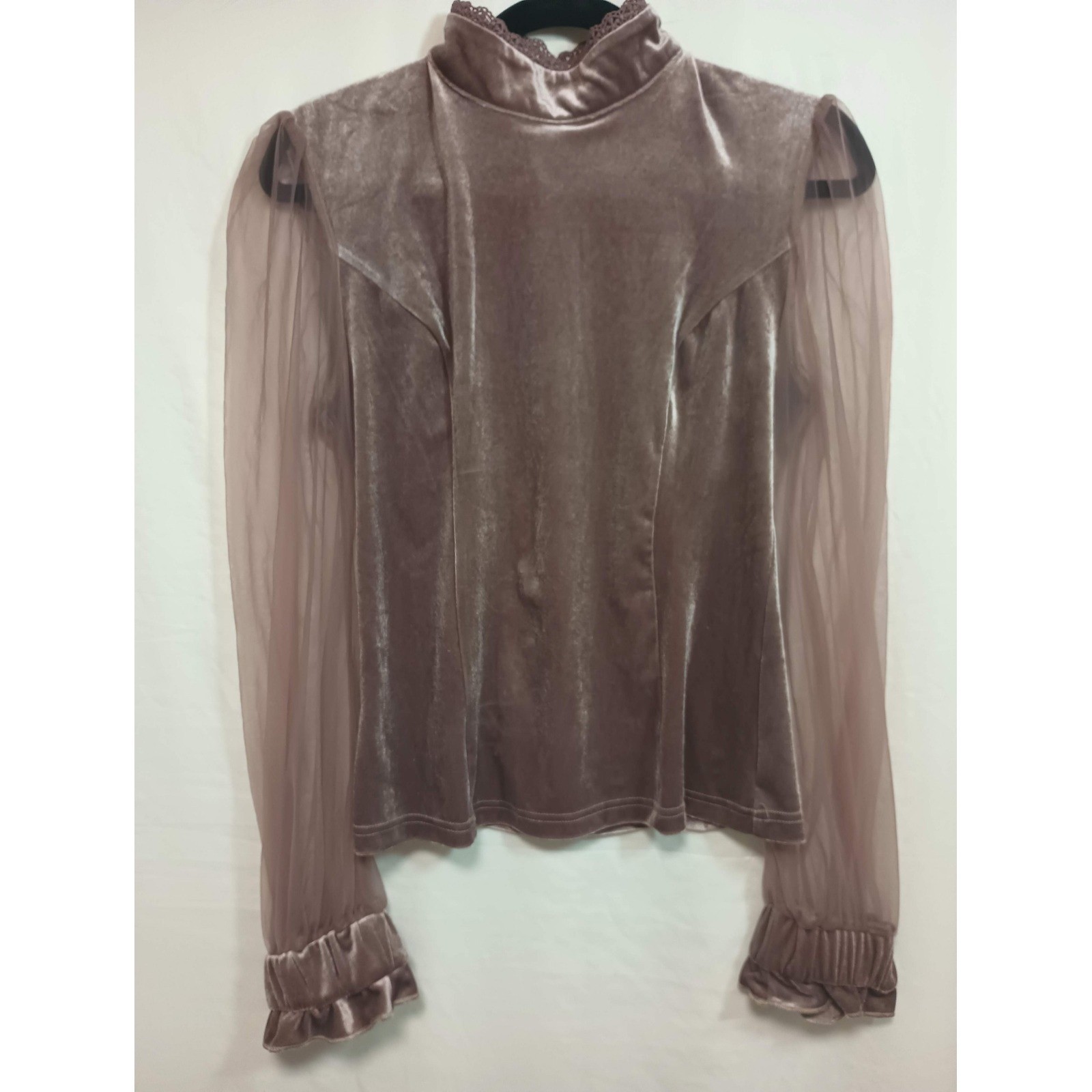Futurino Women Mauve Velvet Mock Neck Sheer Mesh Sleeve Ruffle Cuff Top Size M