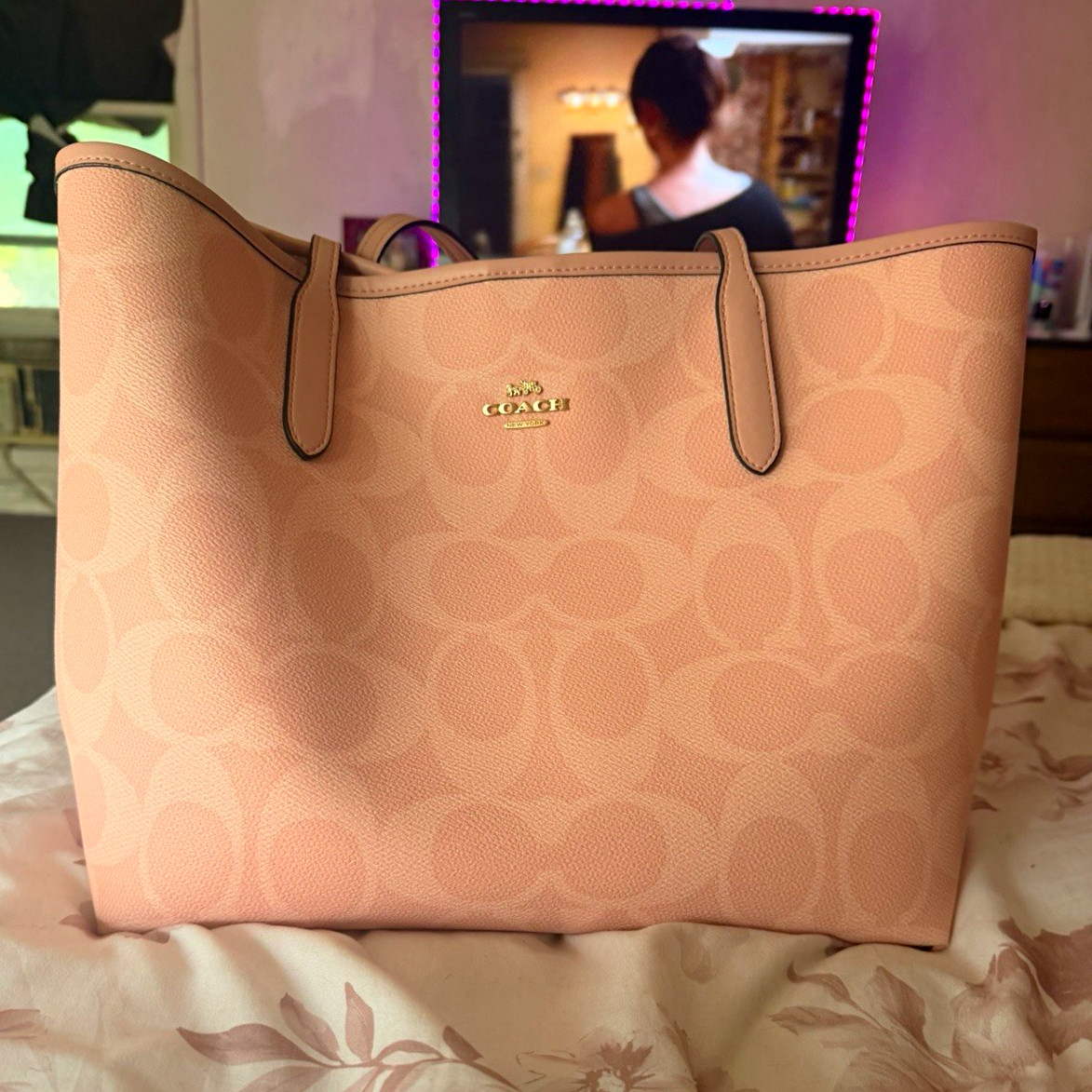 Coach Pink Logo Tote Bag w/ Detachable Pouch, Double Handles, Gold Hardware