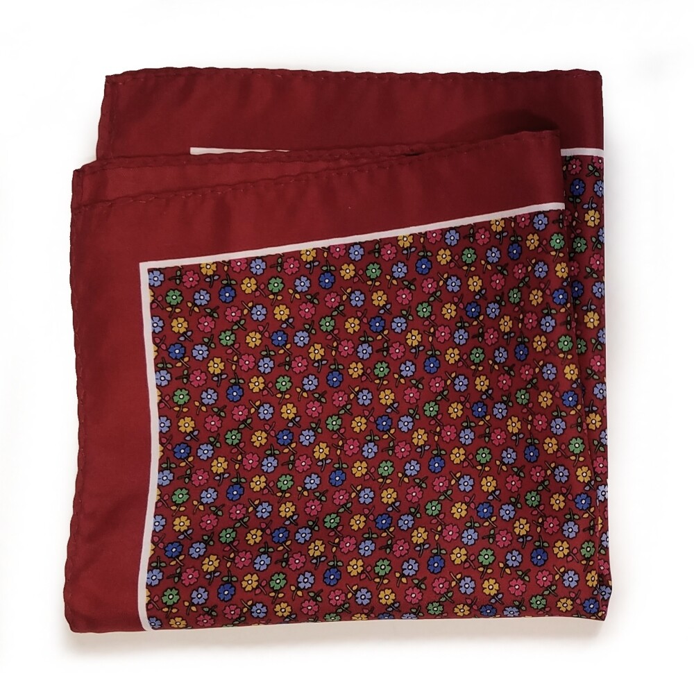 NEW – 100% Silk Pocket Square – Ruby Red with Petite Flowers 12.5in