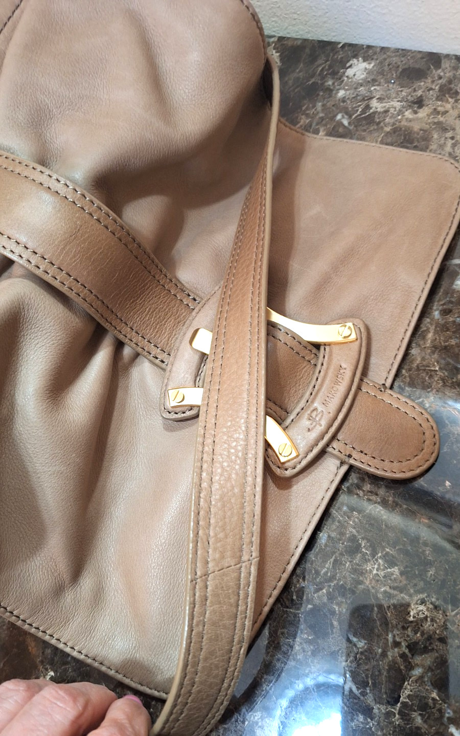 B. MAKOWSKY Taupe Leather Shoulder Hobo Bag Gold Bow Shaped Buckle NWOT