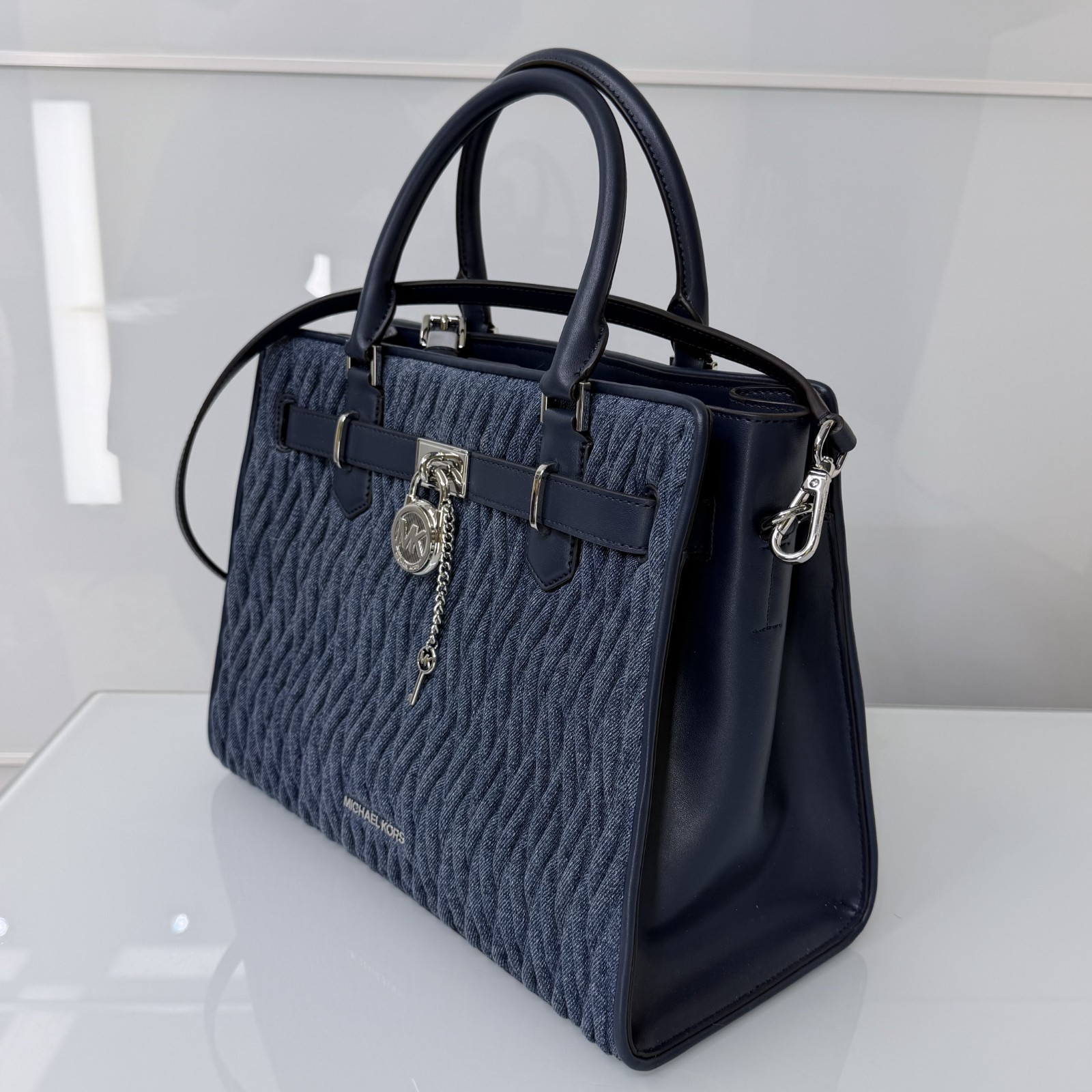 Michael Kors Set Hamilton MD Matelassé Denim Satchel Bag Denim Blue