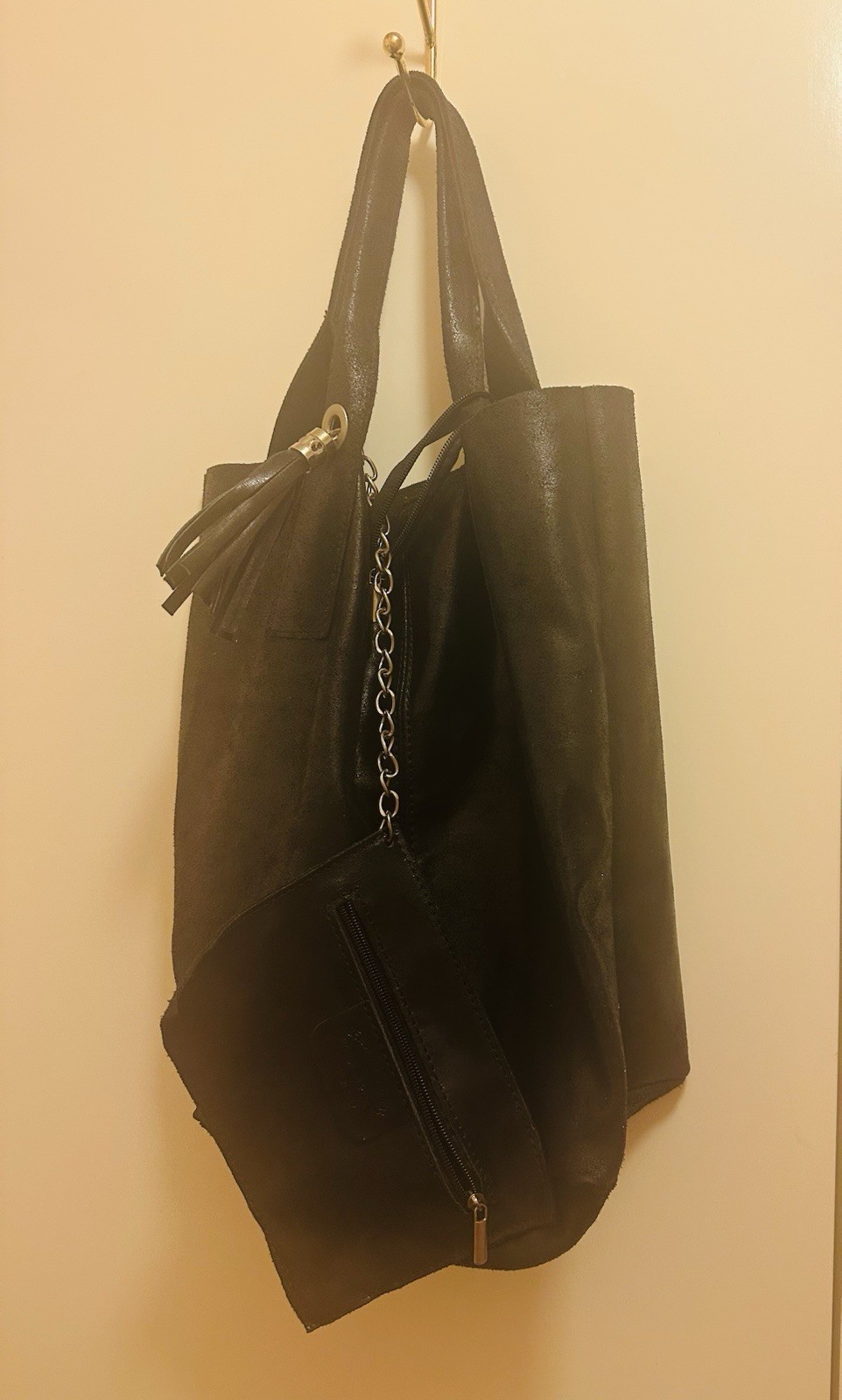 GIANNI CHIARINI Black Tote Shoulder Bag Zip w/ Pouch, Inner Pockets, Chain