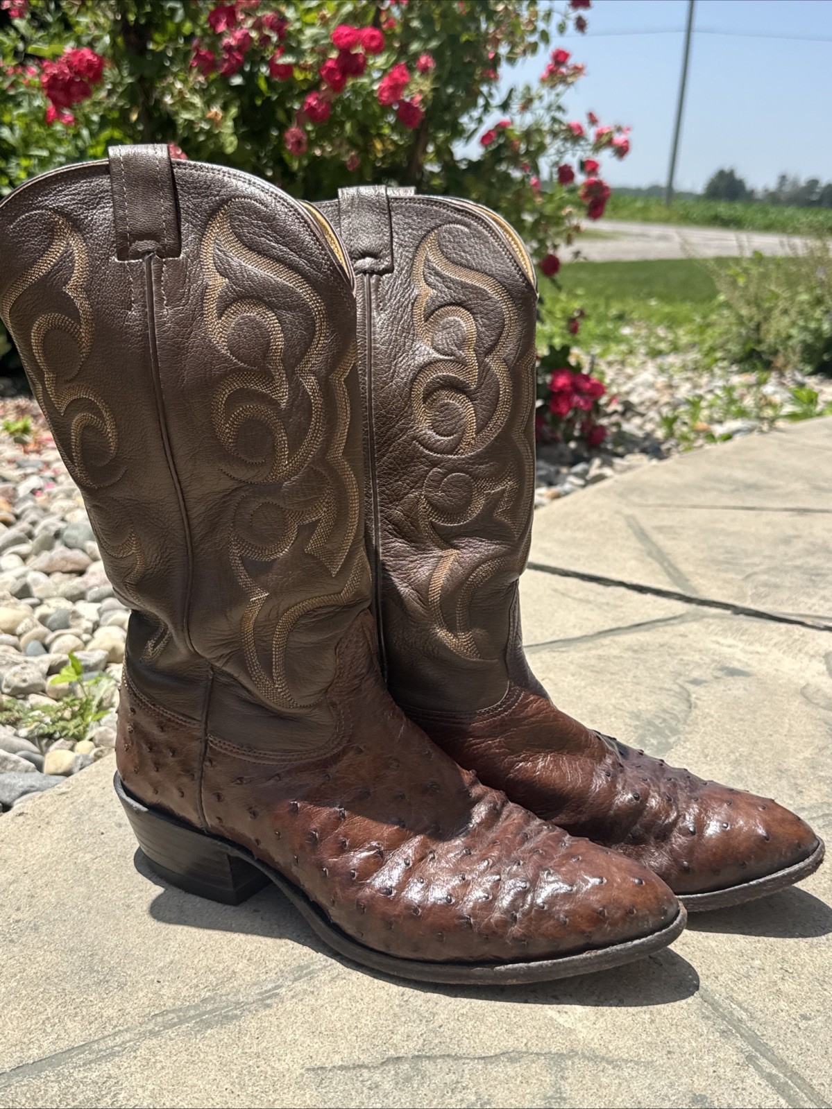 Vintage Nocona Cowboy Boots Mens 10-1/2”D Brown Quill Ostrich Leather Western