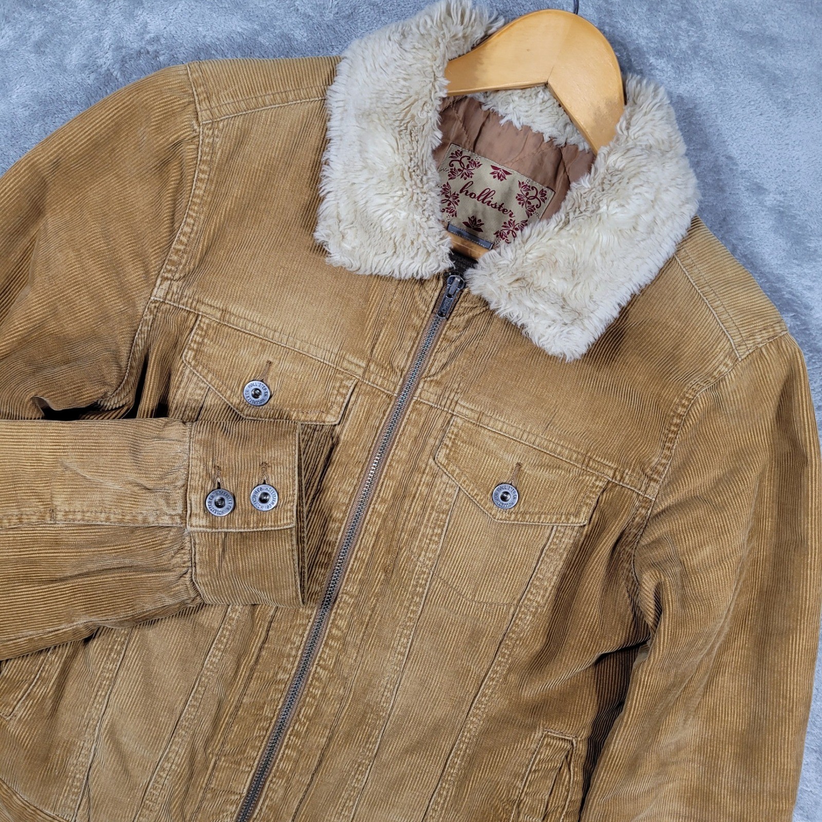 Vintage 90s Hollister Jacket Womens Medium Corduroy Faux Fur Trim Quilted Lined