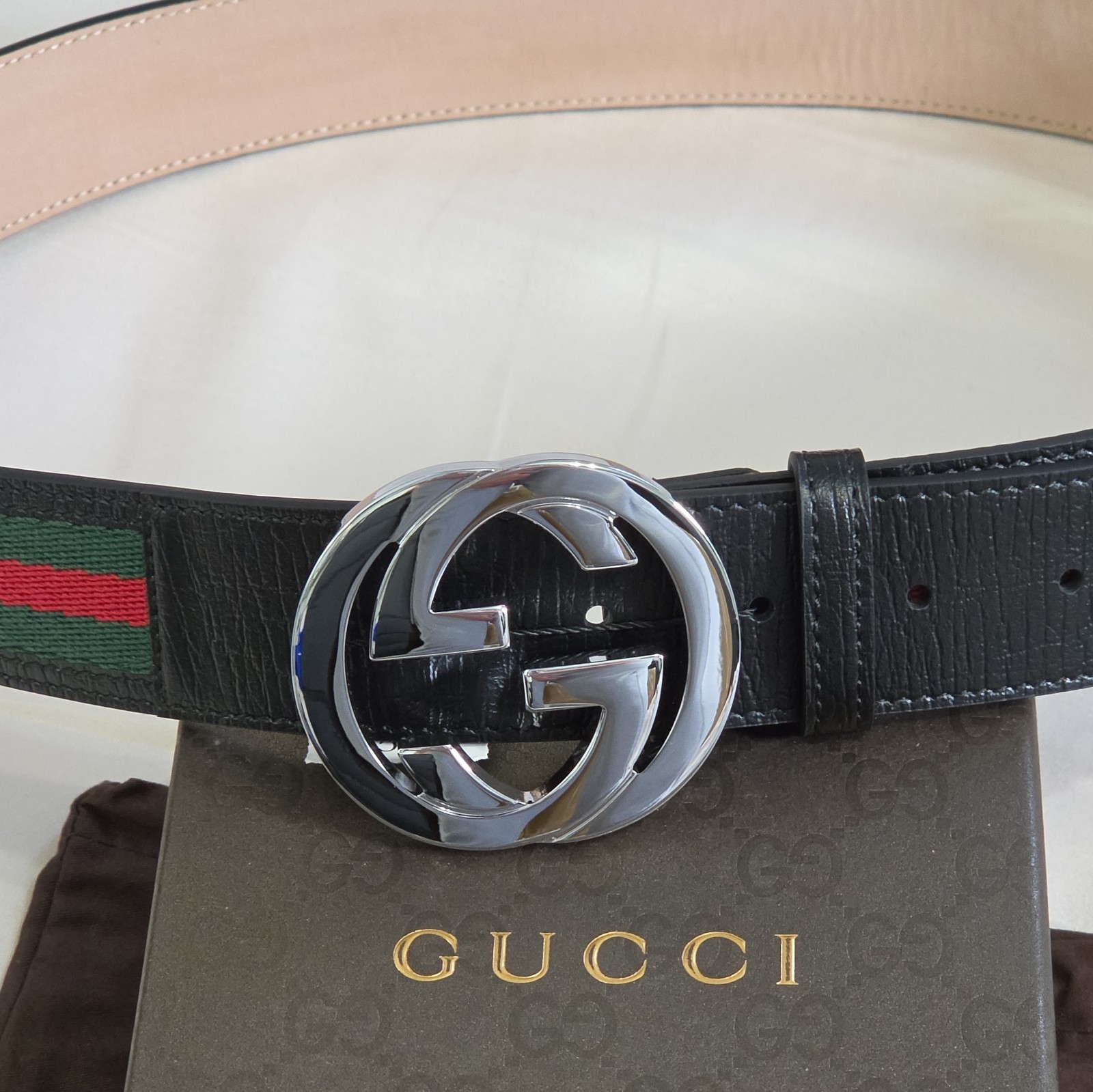 Authentic Gucci Black Green And Red Striped Belt, Men Size 34-36 IT 100CM
