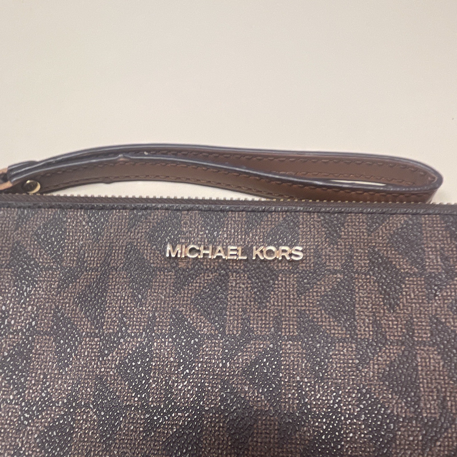 Michael Kors Brown Logo Zip Wristlet Wallet Pouch w/ Wrist Strap & Zipper