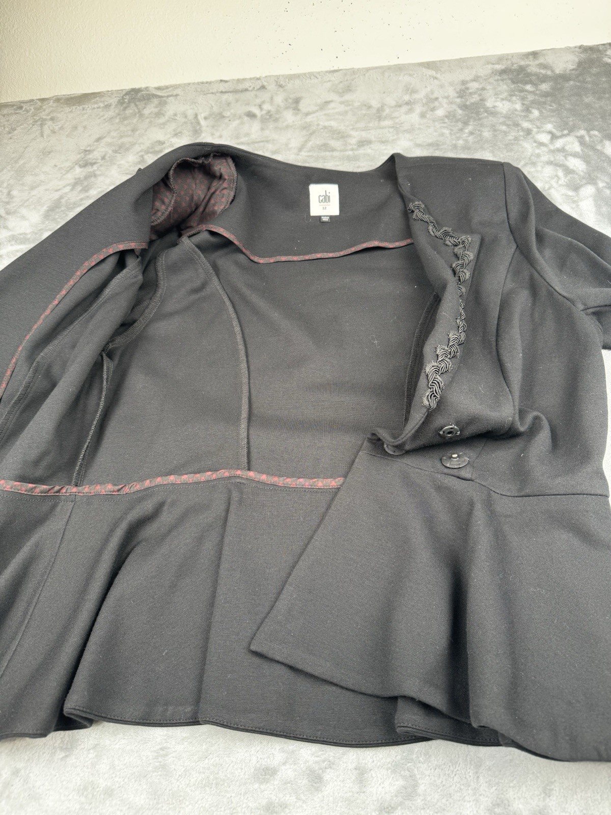 Cabi Agency Jacket Blazer 12 Black Stretch Knit Peplum Career Embellished Lapel