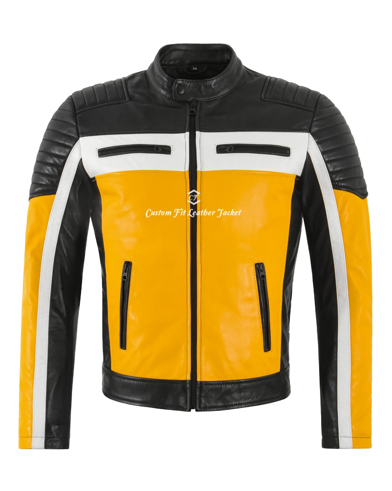 Cafe Racer Men’s Biker Leather Jacket Black Yellow Retro Style Motocross Jacket