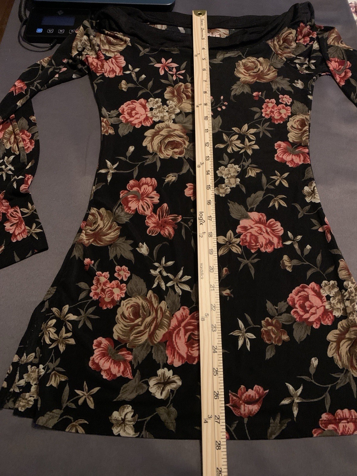 MKM Designs Black Floral Off Shoulder Long Sleeve Stretch Knit Tunic Women’s S