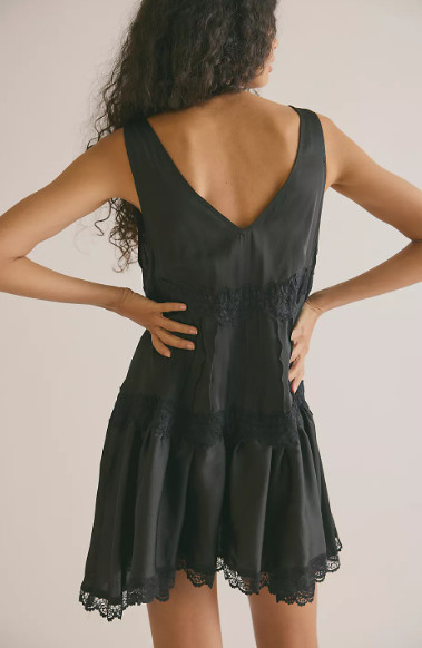 FREE PEOPLE In This Groove Mini Slip Dress, Washed Black / Black (NEW)