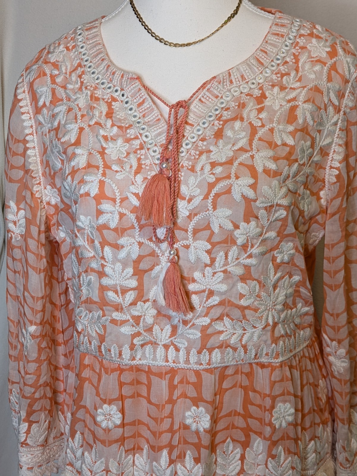 Bairaas Embroidered Boho Dress Size 42 Peach White Tassel Tiered Fringe EUC