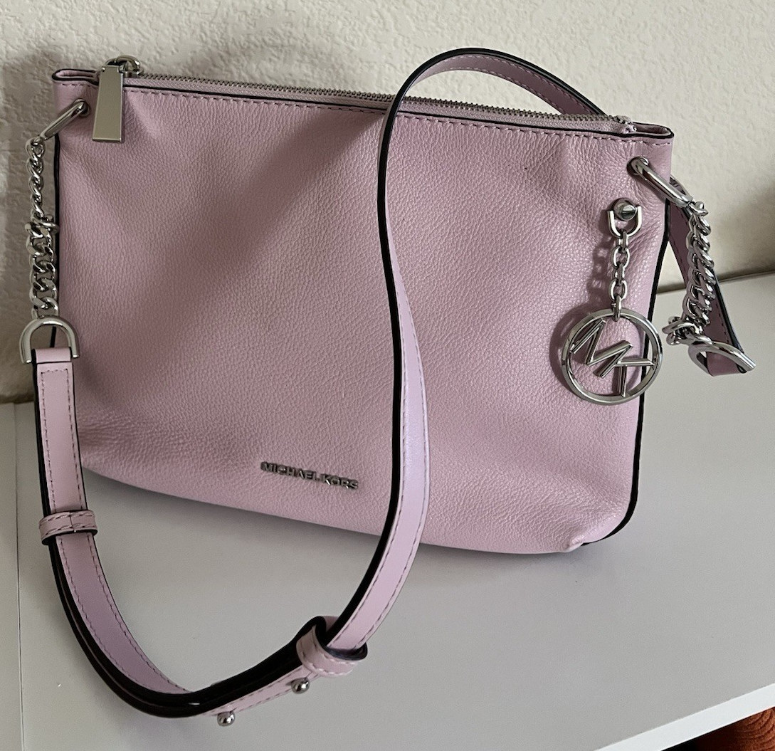 Michael Kors Pink Pebbled Zip Top Crossbody Bag, Adjustable Strap, Charm