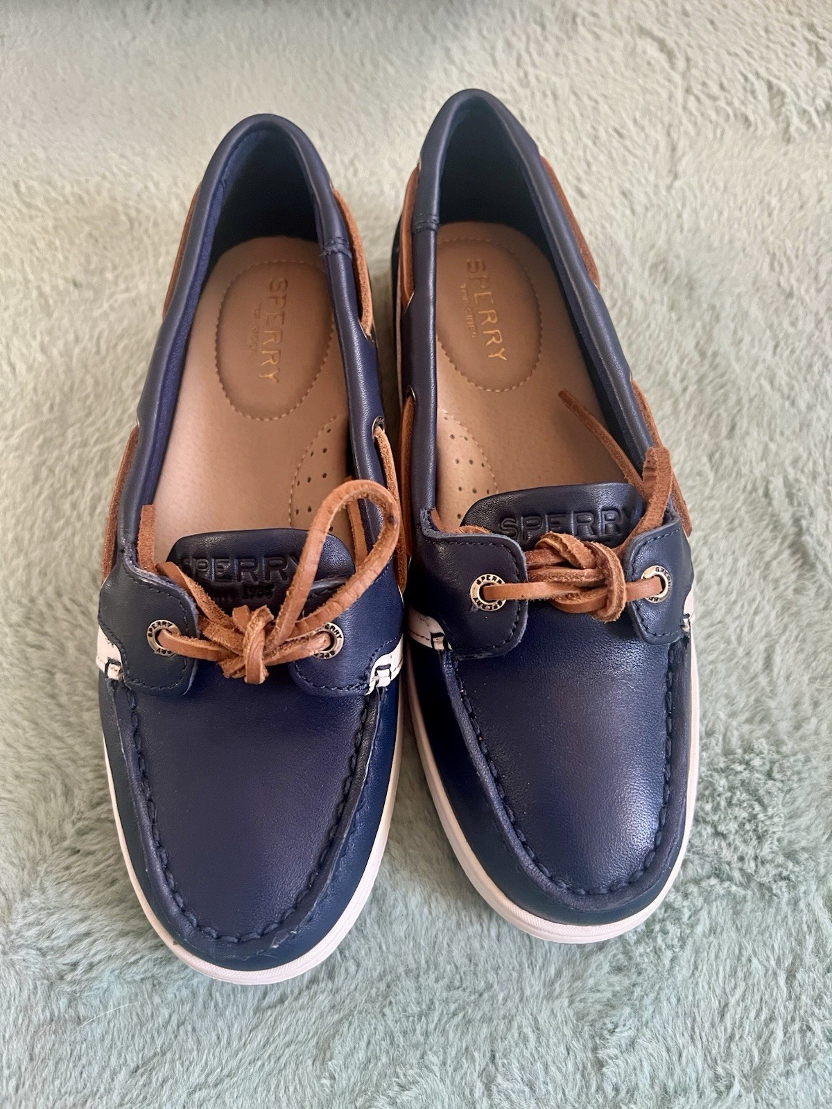 Sperry Top-Sider Starfish Leather Boat Shoes Navy/Tan Lace-Up 5M STS86211
