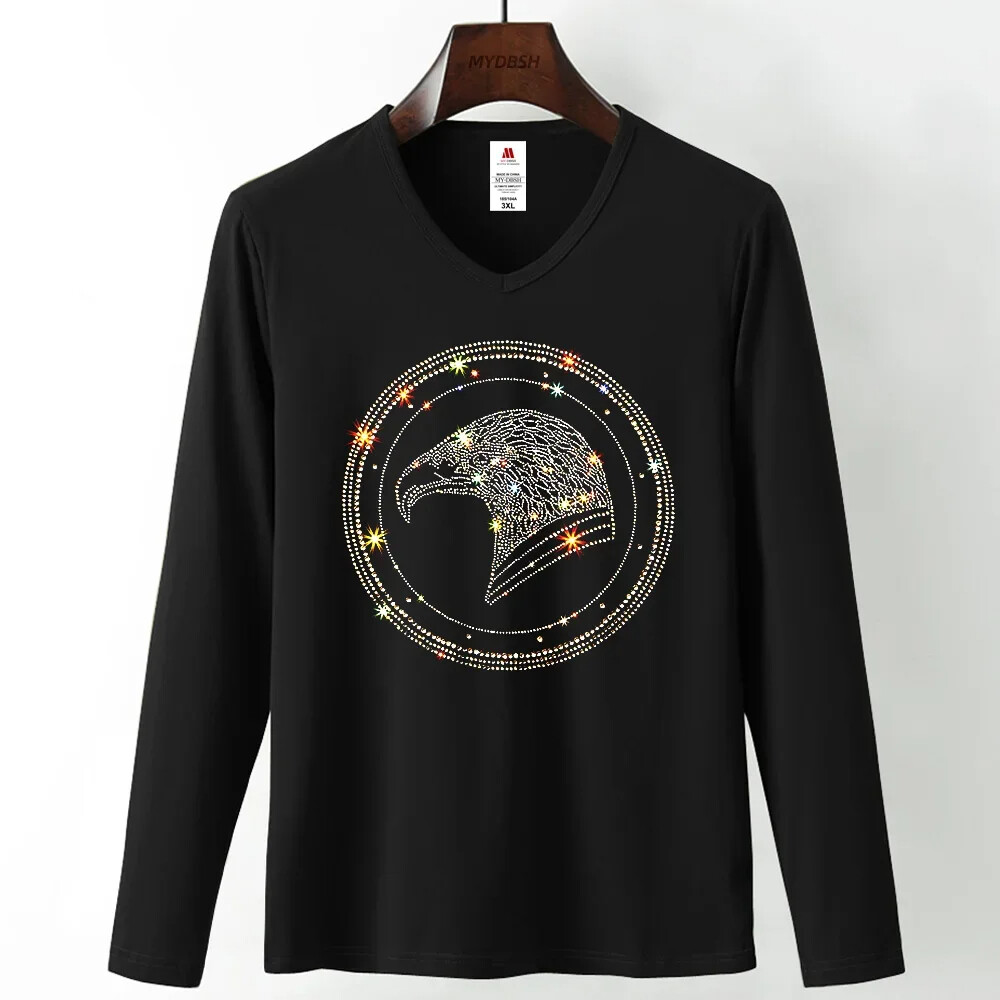 Fashion Trend Eagle Rhinestones Streetwear Long Sleeve Luxury Men V-Neck T-Shirt