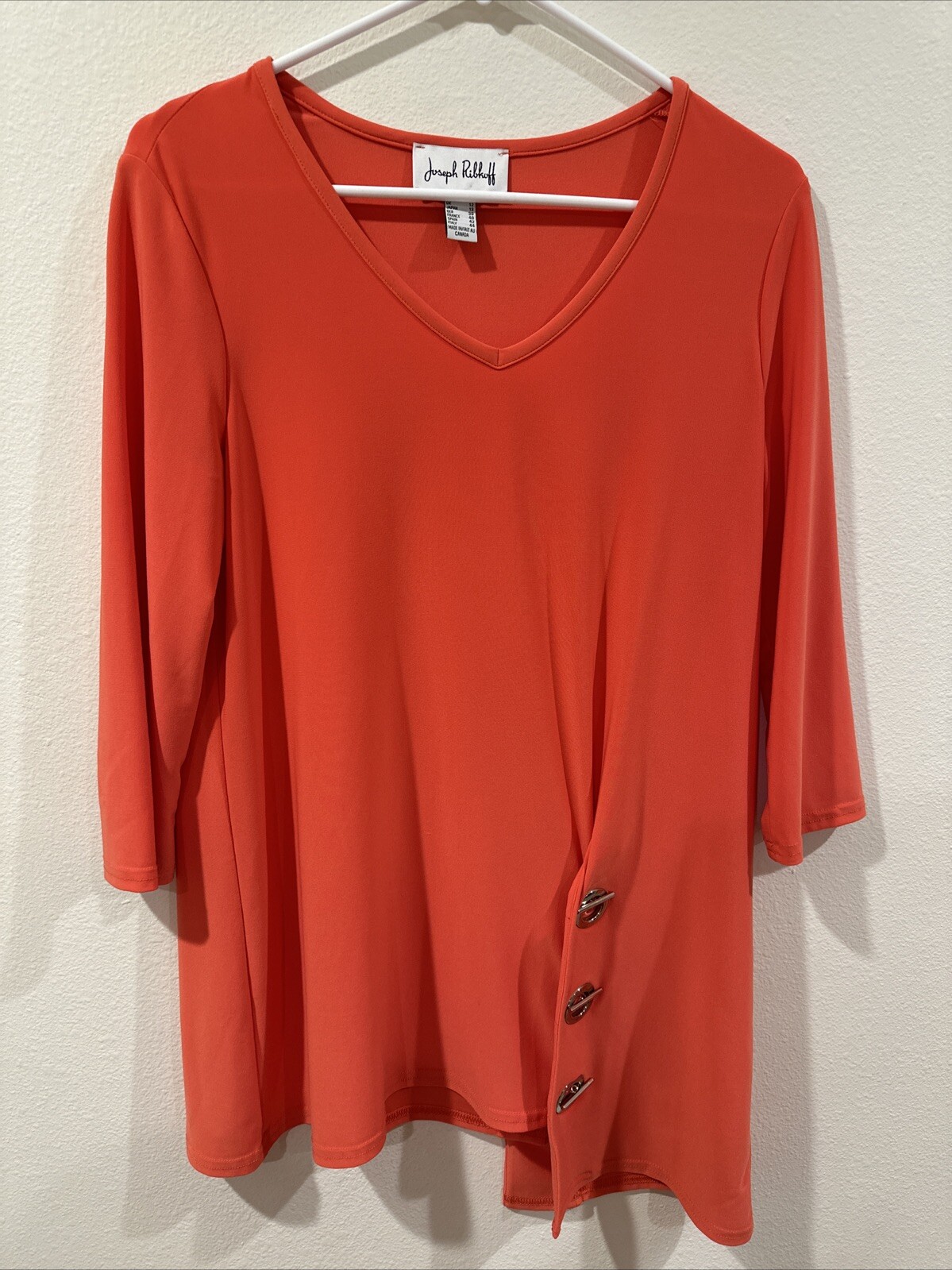 EUC Joseph Ribkoff Blouse Womens 10 Stretch V Neck Asymmetric Three Ring Detail