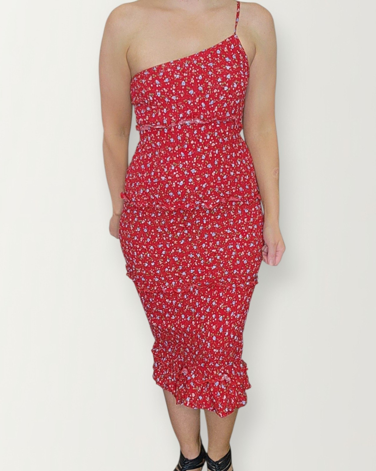 Women’s Pretty Garden Red Floral One-Shoulder Ruched Ruffle Midi Bodycon, S