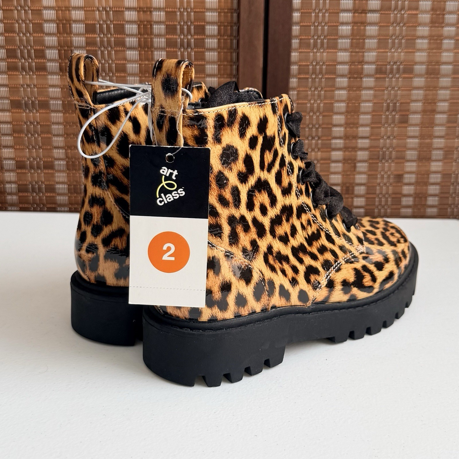Art Class Leopard Combat Boots Kids Size 2 Lace Up Lug Sole Ankle Boots New