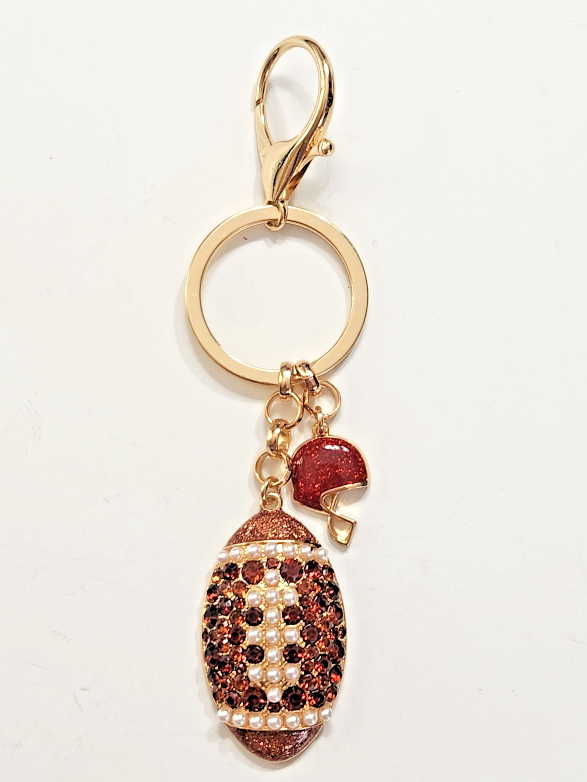 Bling Football Purse Charm Key Ring Rhinestones Faux Pearls Goldtone Sparkle 5in