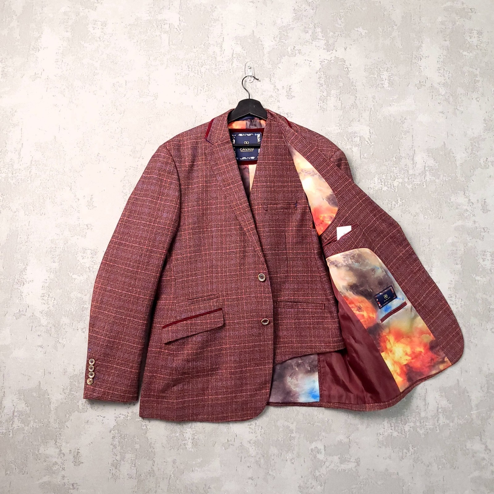House Of Cavani Tweed Style 3 Piece Suit Mens 46R 40R Slim Fit Burgundy Check