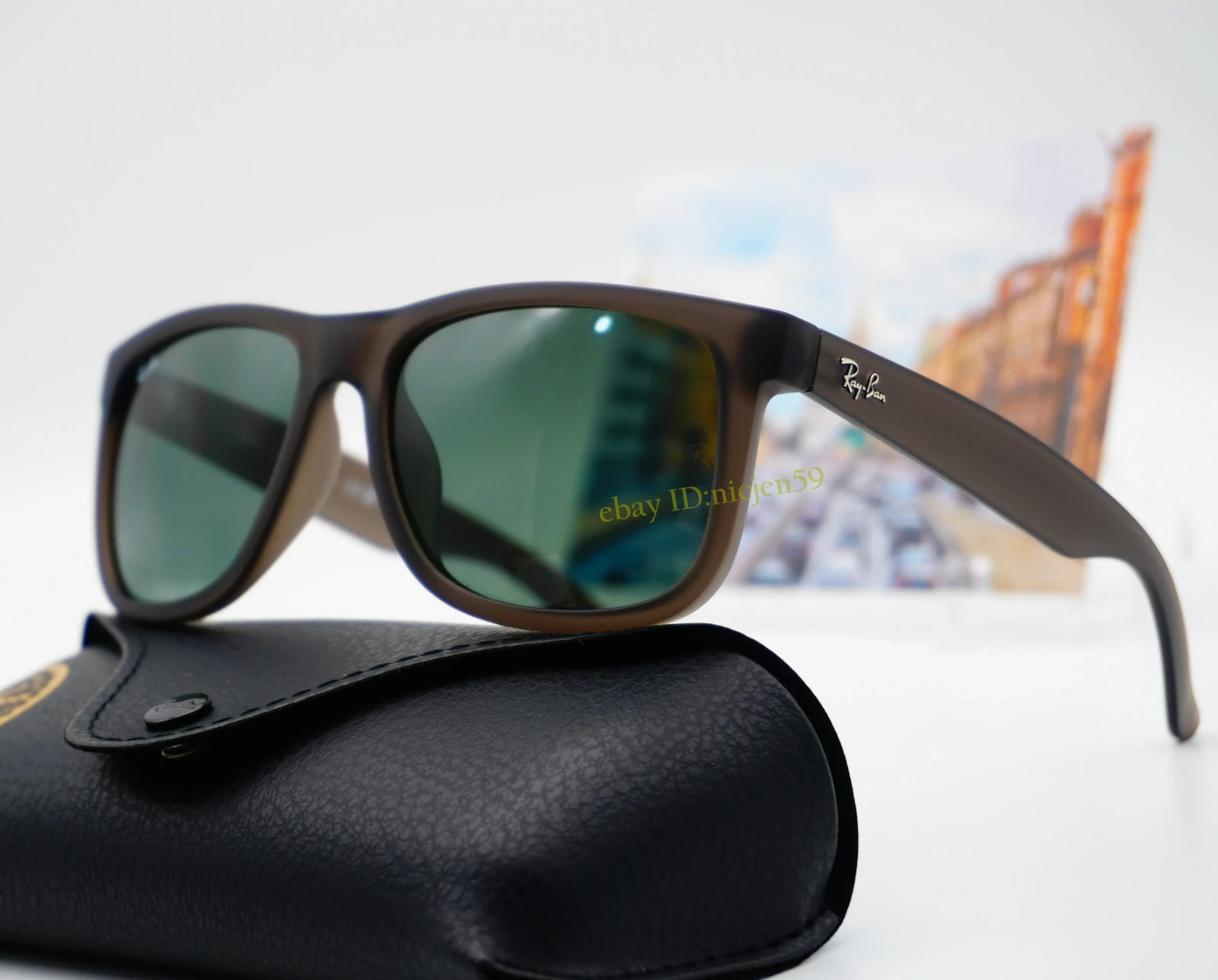 Ray-Ban Justin RB4165 Matte Opal Grey Green Lens Nylon Frame Sunglasses 54mm Men