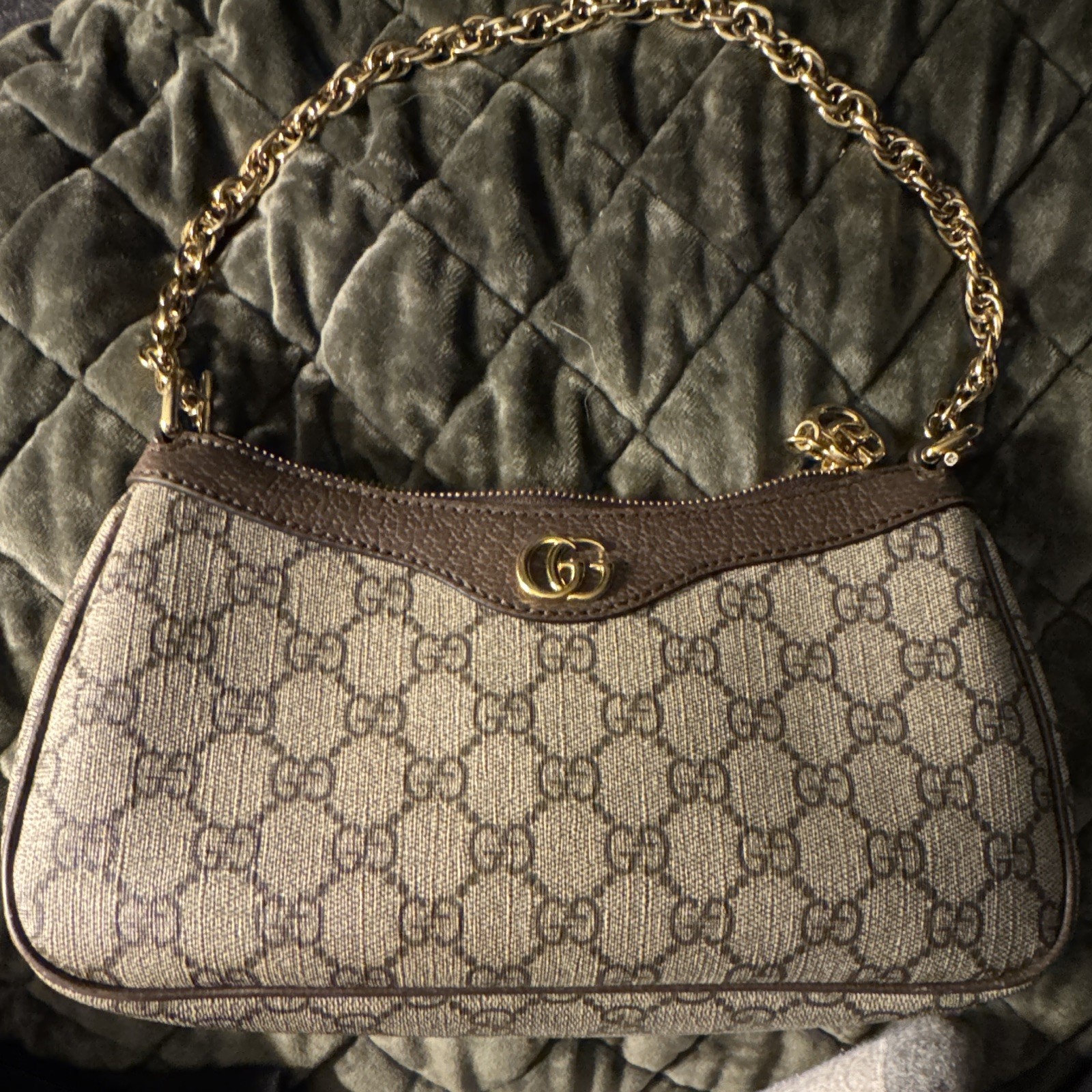 Gucci GG Pattern Small Crescent Shoulder Bag Zip Chain Strap Gold Beige Brown