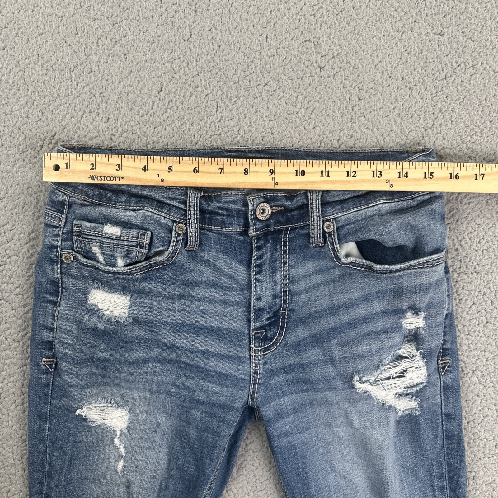 BKE Buckle Alec Slim Straight Jeans Men 32×32 Blue Stretch Whiskered Distressed
