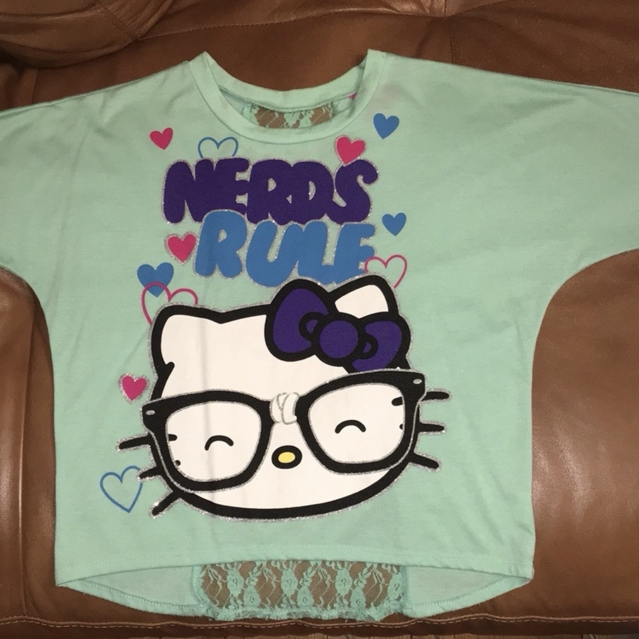 Hello Kitty Nerds Rule Mint Green Lace Back Crew Neck Dolman Sleeve Tee S