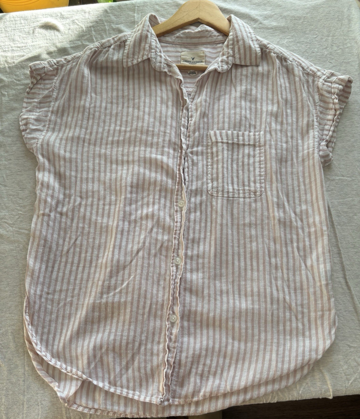 American Eagle Outfitters Pink/White Striped Button-Up Collared Cap Sleeve M