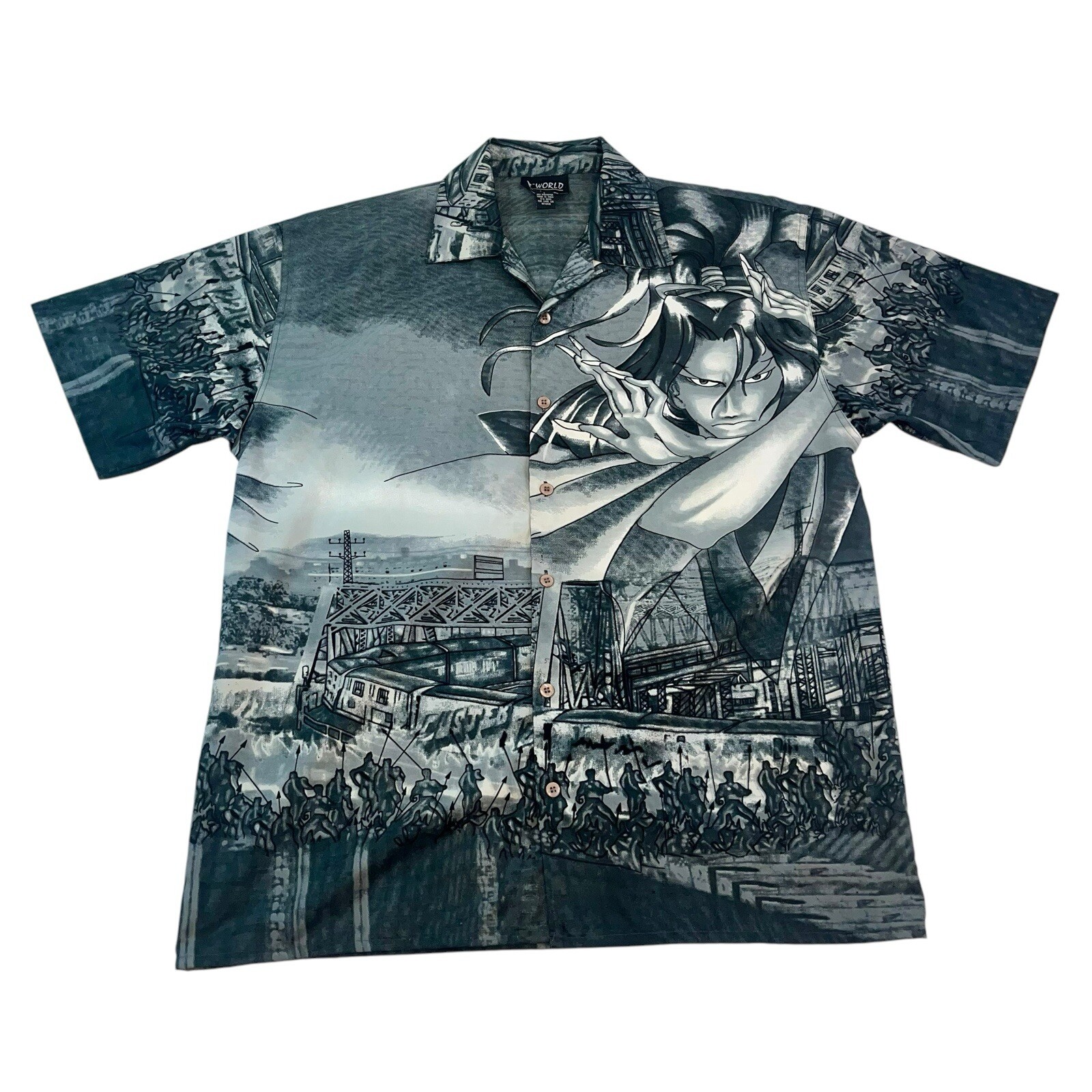Vtg R-WORLD Japanese Samurai Anime All Over Print Graphic Button Up Shirt Sz LG