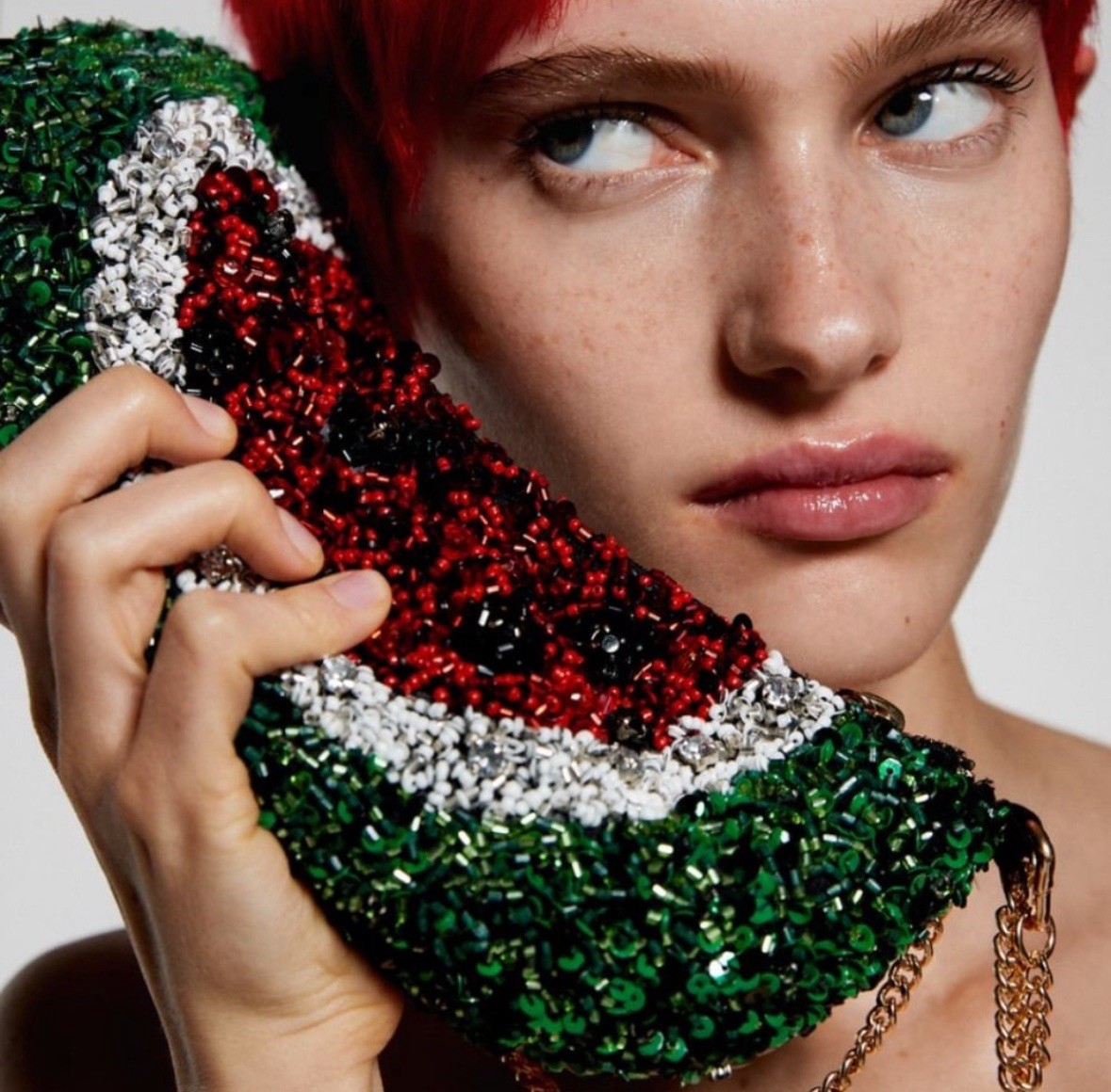 ZARA Watermelon Red Green Sequin Beaded Embroidered Jewel Handbag Crossbody Bag