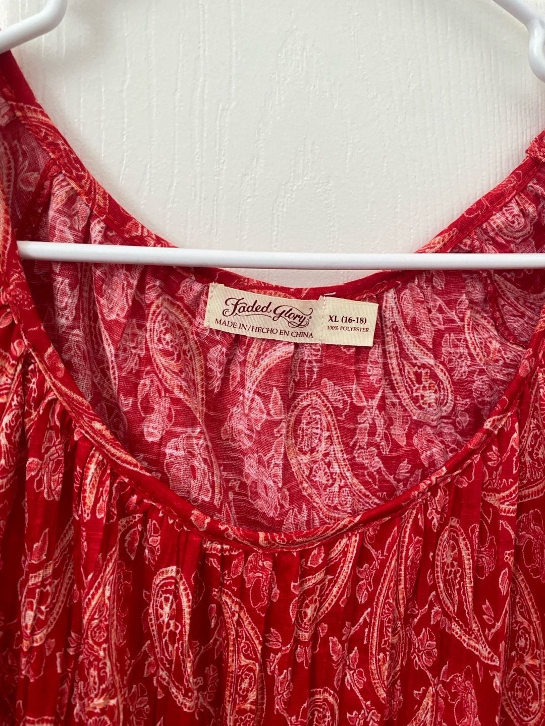 Faded Glory Plus Size XL 16-18 Red Paisley Boho Peasant Blouse