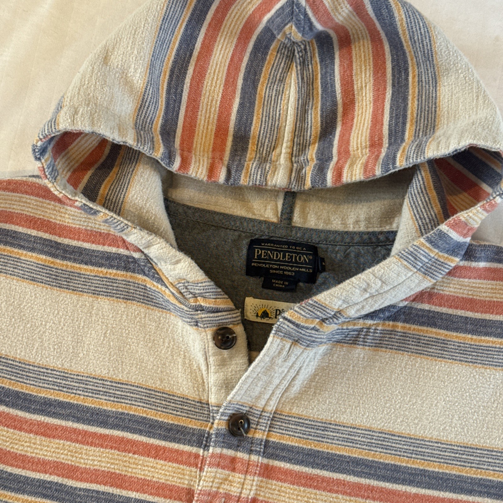 Pendleton Surf DoubleSoft Hoodie Mens Medium Striped Cotton Henley Baja Pullover