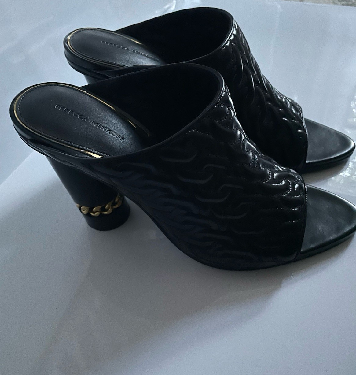 Rebecca Minkoff Black Quilted Leather Chain Open Toe Slip-On Mule Heels 10