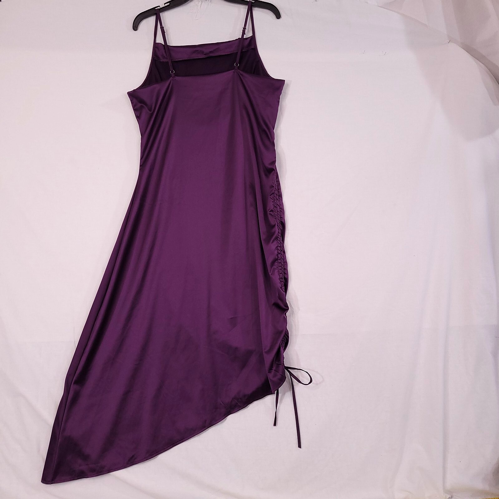 Women Purple Spaghetti Strap Drawstring Ruched Split Hem Party Dress Size XL