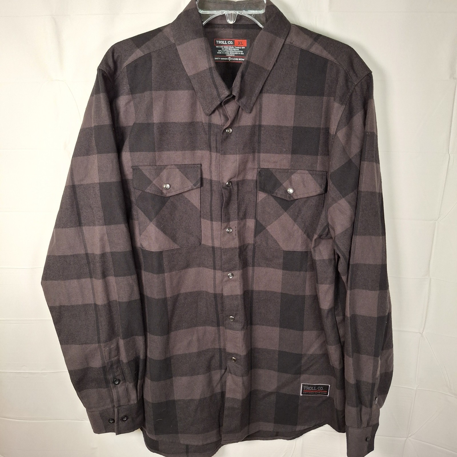 Troll Co Mens 2XL Flannel Shirt Black Plaid Pearl Snap Button Up Long Sleeve
