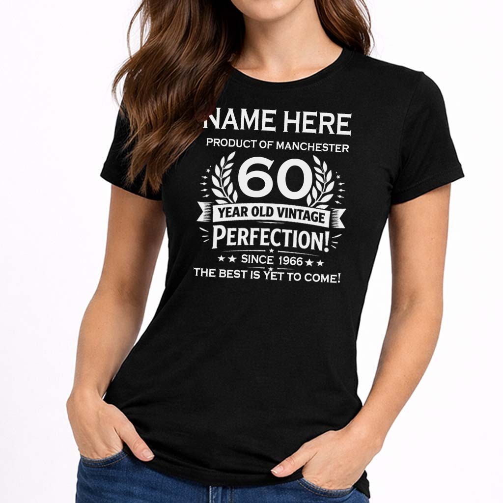 60th Birthday Ladies Personalised T-Shirt Name Any Age Year of Birth & Place