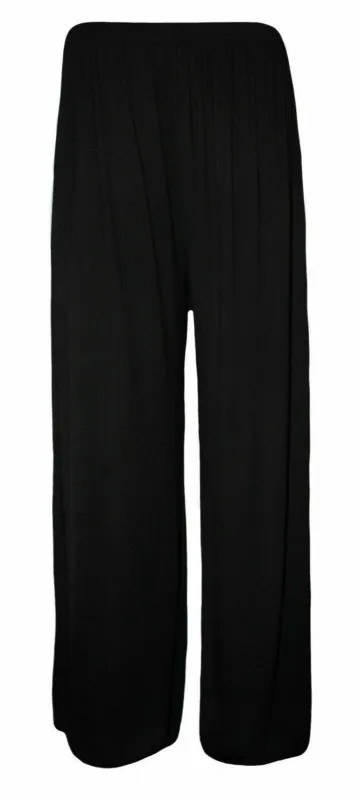 Ladies Palazzo Wide Leg Flared Elasticated Stretch Plain Trousers Womens Wide UK